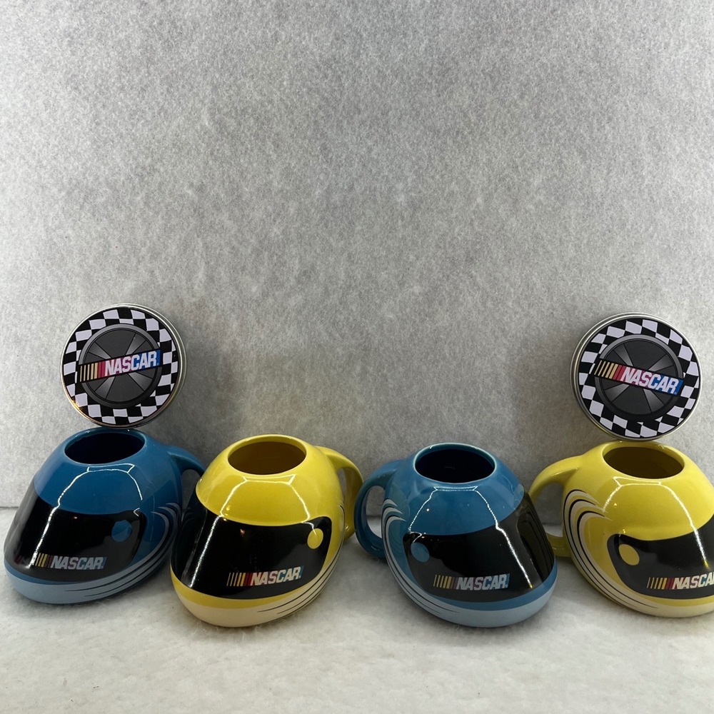 NASCAR Helmet Mugs Set 4 Blue Yellow OS Good 2004 Sherwood Brands Racing Tins